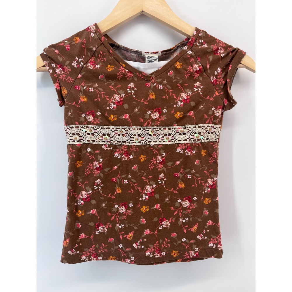 Girls Brown Floral V-Neck Top Lace Sequin Trim Short Sleeve Size M 7/8